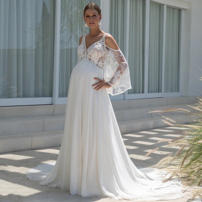 French-Style Lace Light Wedding Dress 2026 Deep V-Neck Maternity Gown with Long Train, V-Neck Flowing Chiffon Maternity Bridal Gown for Going Out French-Style Lace Light Wedding Dress 2026 Deep V-Neck Maternity Gown with Long Train, V-Neck Flowing Chiffon Maternity Bridal Gown for Going Out
