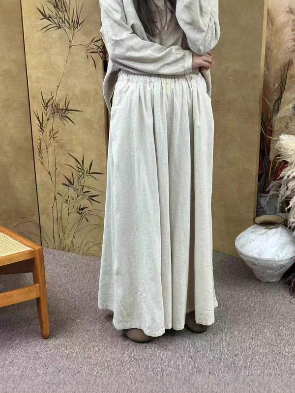 简约百搭休闲风阔腿裙裤女设计感亚麻松紧腰显瘦秋装女装爆款女裤|undefined