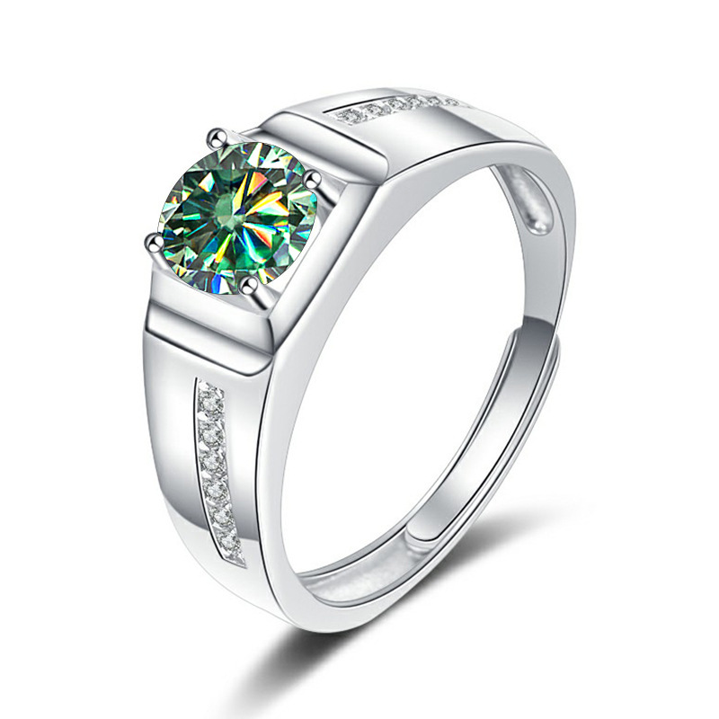 Ventas transfronterizas calientes de 1 quilate de anillo de piedra de color de moissanite masculino abertura ajustable de fábrica de suministro directo