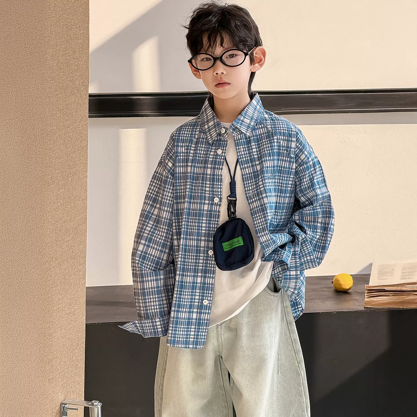 棉小铺男童衬衫春季儿童2026新款韩版百搭春夏童装长袖蓝格子衬衣