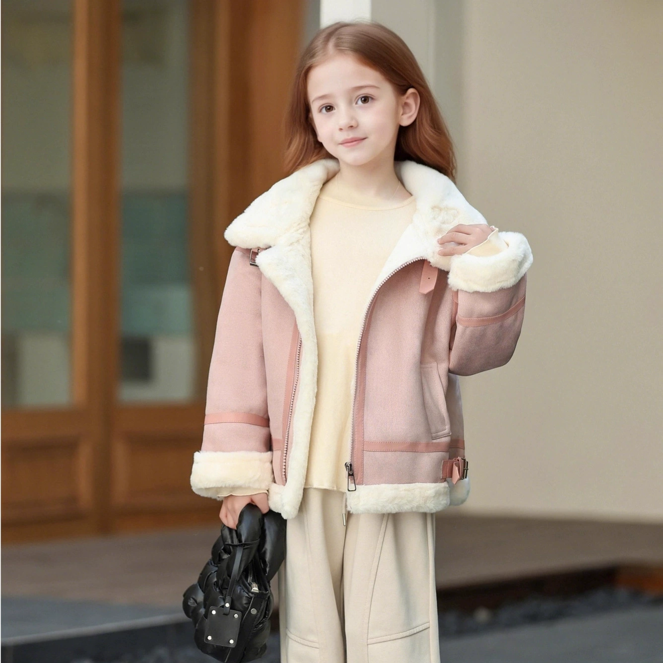 Меховая универсальная кожаная куртка для девочек, верхняя одежда на флисовой подкладке, осень и зима 202, новый детский стиль, замшевый верх, зимняя одежда