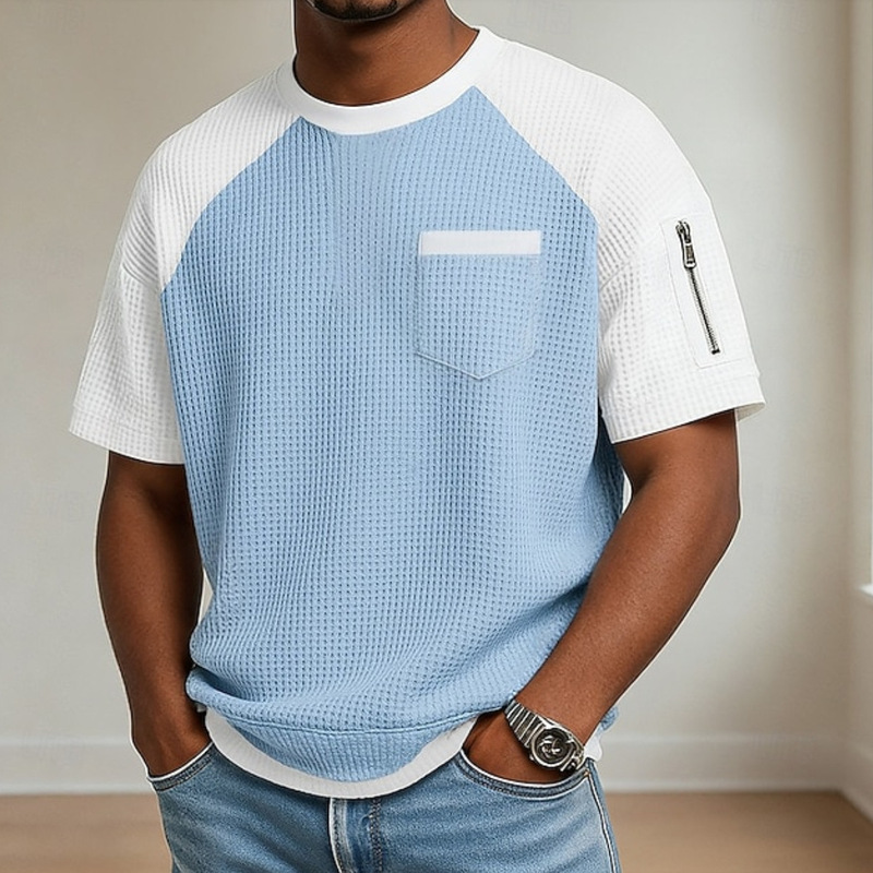Cross-Border Selection of All-Season Short-Sleeved Men's Waffle Pattern T-Shirts with Round Neck, Solid Color, and Stylish Texture