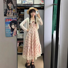【隐形拉链】蕾丝花边蝴蝶结碎花背带连衣裙女学生夏日a字裙Ins