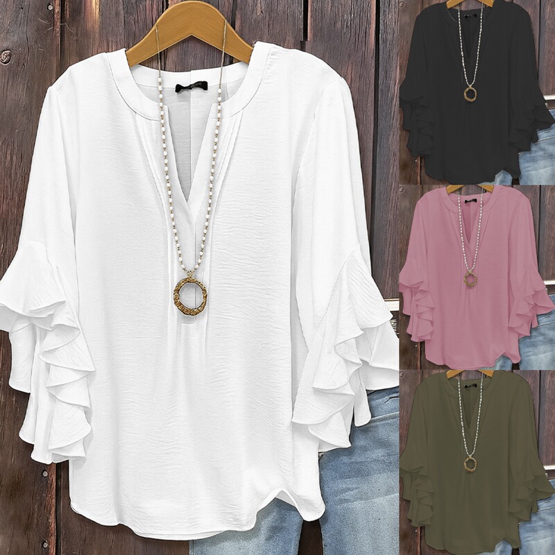 Amazon European and American Lotus Leaf Three-Quarter Sleeve Top Pure Color Fashionable Casual Loose V Neck Business Shirt Women's Clothing