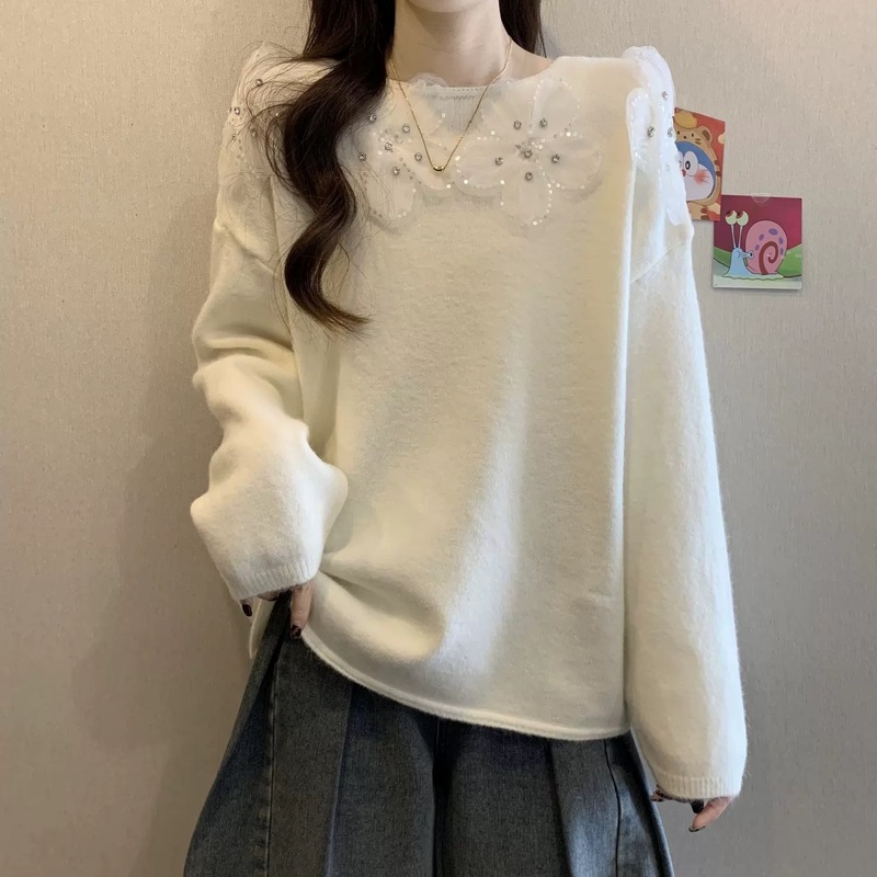 重工花朵钉珠圆领套头毛衣女2025秋冬新款宽松设计感针织衫上衣潮|undefined