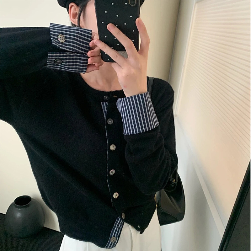 春秋冬季针织开衫女韩系减龄单排扣上衣外套撞色格纹拼接黑色毛衣|undefined