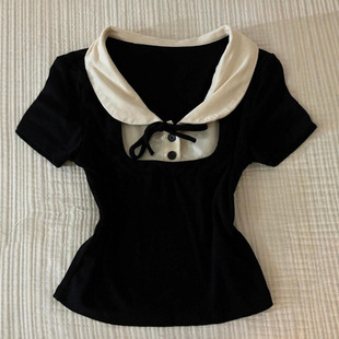 American Retro Fake Two-Piece Polo Collar Short-Sleeved T-Shirt for Women, Summer Design Bm Style Pure Waist-Cinching Short Top