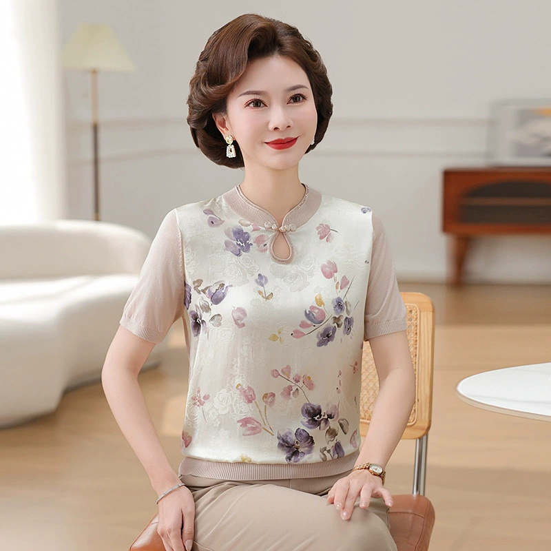 Летняя футболка с короткими рукавами в китайском стиле для мам, шелковый лоскутный вязаный топ для женщин среднего возраста 50 лет, тонкий топ из ледяного шелка