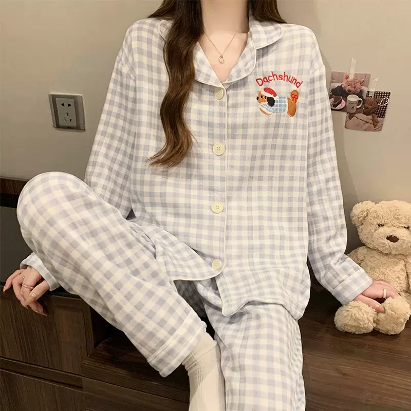 腊肠犬睡衣秋冬女保暖甜美格子空气棉休闲爆款卡通家居服套装批发