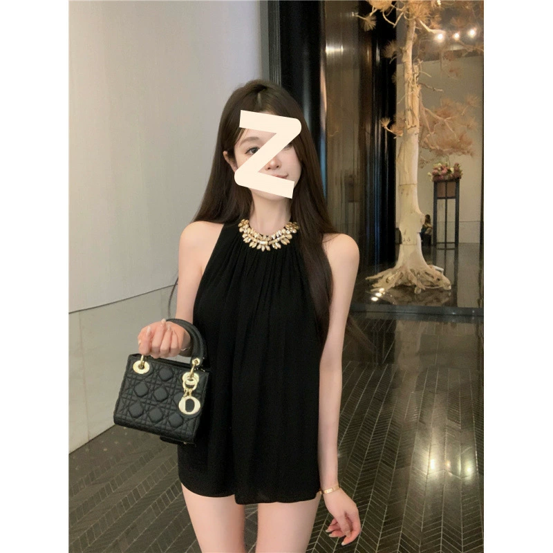 Черная шея без рукавов шифоновая рубашка женская 2025 новая летняя тяжелая промышленная цепочка