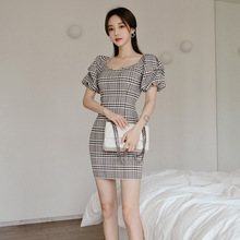跨境格子连衣裙2023夏新款名媛时尚气质显瘦打底一步裙一件代发女
