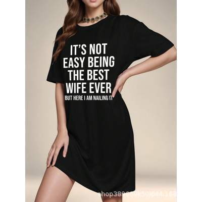 New European and American Style Black Letter Printed Nightgown Home Skin-Friendly Dress Women's Short-Sleeved Round Neck Casual Mid-Length Skirt New European and American Style Black Letter Printed Nightgown Home Skin-Friendly Dress Women's Short-Sleeved Round Neck Casual Mid-Length Skirt