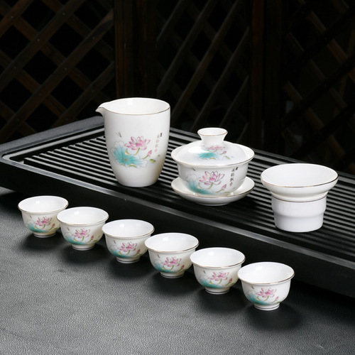 High-end mutton-fat jade white porcelain set, Kung Fu tea set, gold-painted bowl set, corporate gifts can be added with LOGO to send to customers