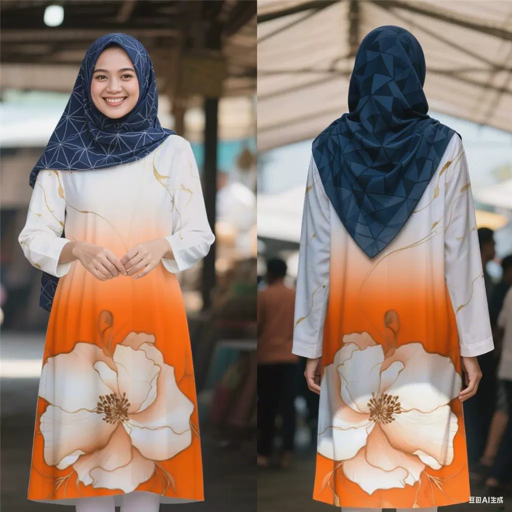 跨境中东穆斯林女装长裙印花心领长裙长袖亚马逊国际民族服饰