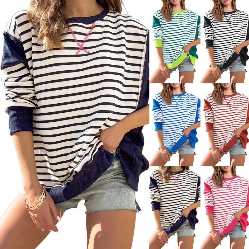 Women's clothing 2024 new women's color matching round neck sweater striped contrast long sleeve T-shirt printing
