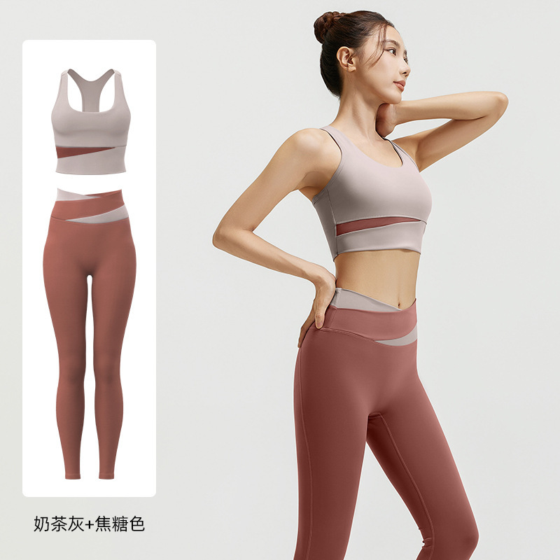 Juyitang カラーブロックハイウエストおなかコントロールヨガウェア耐衝撃スポーツスーツタイトなヒップリフティングヌードフィットネスウェア女性用|undefined