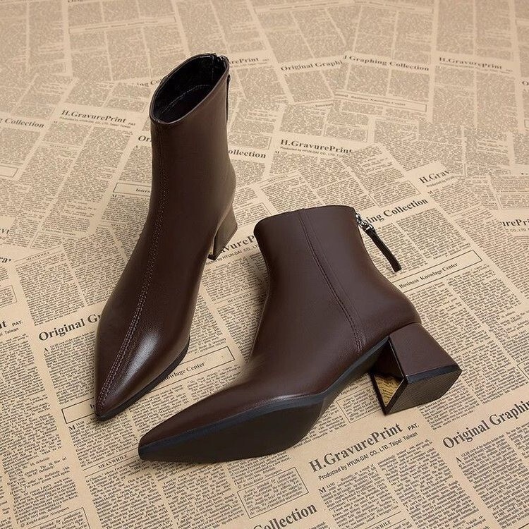 2025 High-End Short Boots for Women, Spring & Fall Single Boots, French Thick Heels, Slim Boots, Pointed Toe High Heels, Autumn and Winter Women's Shoes