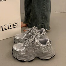 老爹鞋女2025春夏季新款ins潮银色厚底网面透气轻便休闲运动鞋子