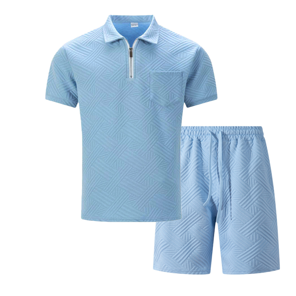 Zweiteiliges Herren-Set aus Waffelstrick, einfarbig, Sommer, Kurzarm, Shorts mit Tasche und Jacquard-Kragen._voghion.com