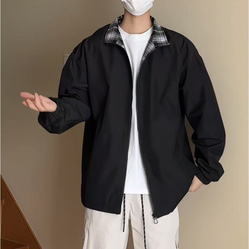 fitcheck格子拼接夹克男春秋复古设计感无帽上衣美式翻领情侣外套