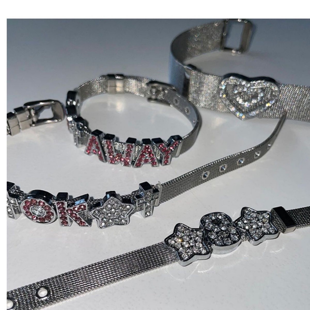 Korean niche ins love rhinestone strap style design bracelet silver futuristic cool temperament