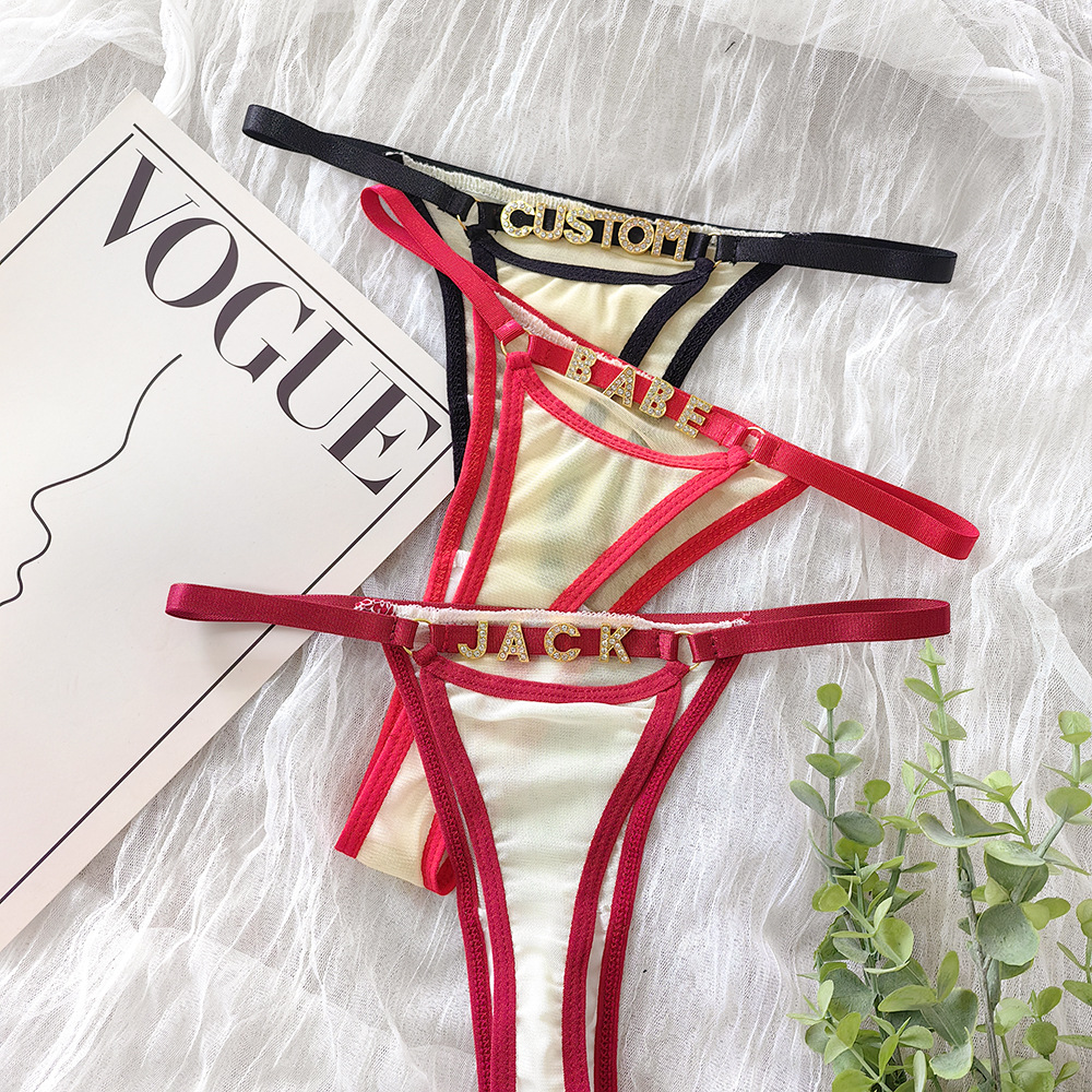 Women's underwear, European and American style, mesh thong, rhinestone lettering, low-rise, see-through, unique, fashionable and sexy.
