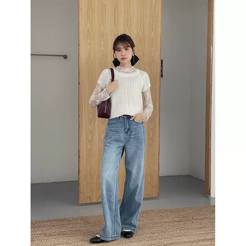 【歌铭】高腰显瘦通勤直筒牛仔裤女2025秋季新款阔腿拖地裤N811B