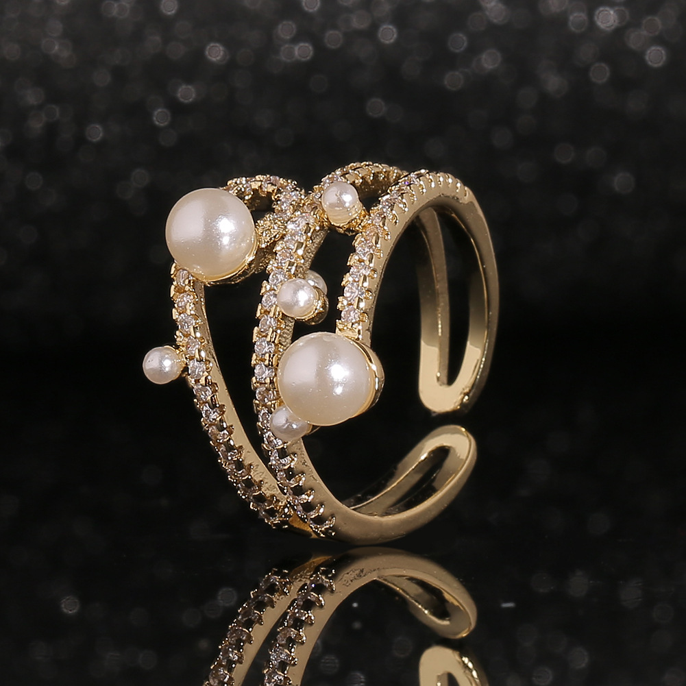 New Fashion Hand Jewelry Geometric Multilayer Pearl Ring Copper Plated Gold Inlaid Zircon Ring display picture 4