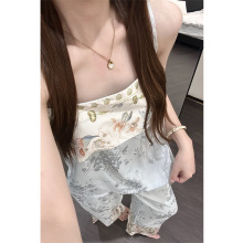 国风新中式古风提花冰丝吊带睡衣女春秋季新款大码长裤家居服套装