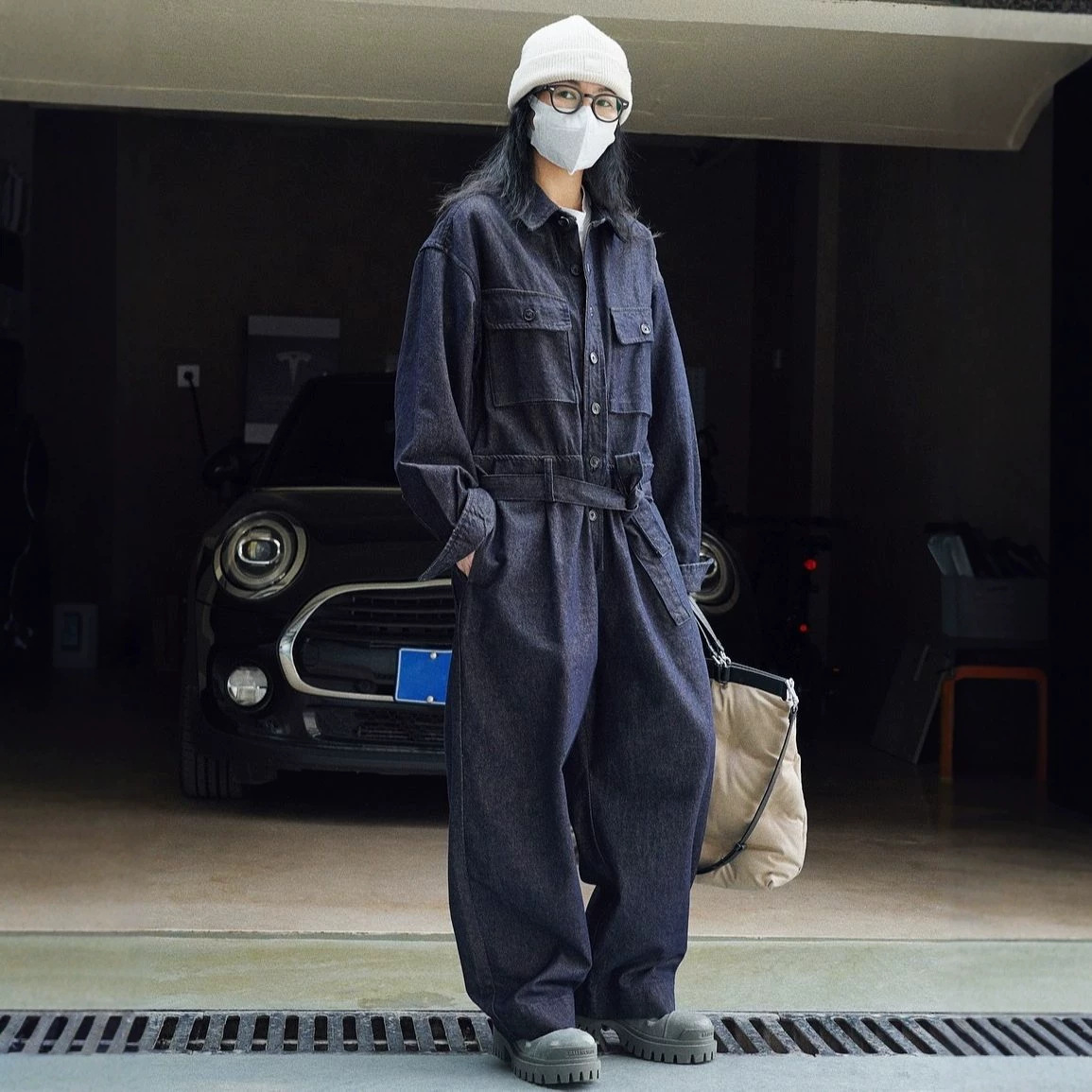 叙漫春季新款韩版街头感工装风牛仔连体裤宽松系带休闲连体衣裤女