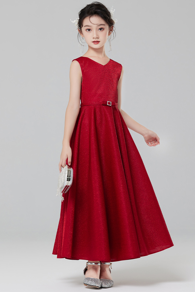 Vestido de noche de las niñas rojo niña de las flores Niña de la boda de alta gama princesa vestido otoño niños anfitrión piano traje