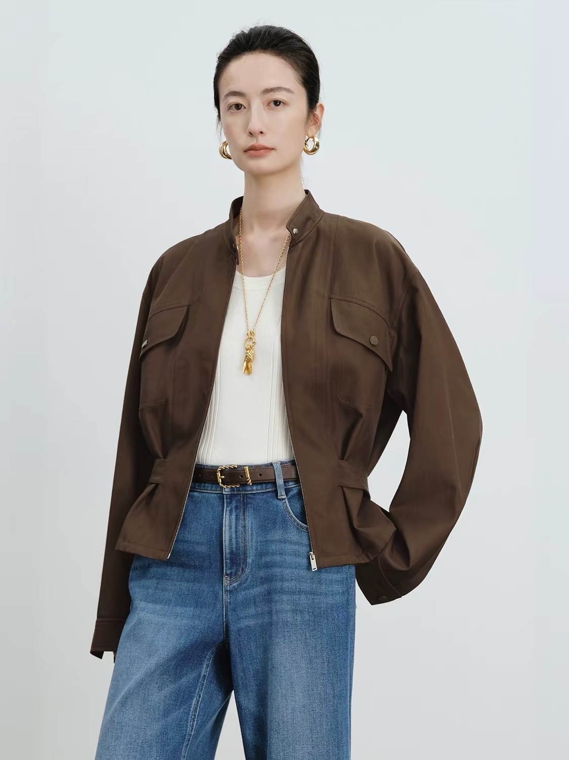 Eifini Retro Workwear Style Jacket Women's Stand Collar Loose Design Outerwear Autumn New Arrival Versatile Casual Top