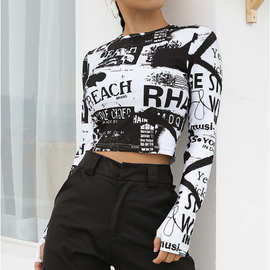 跨境欧美爆款长袖印花辣妹T恤上衣 紧身直角肩短T恤 卫衣