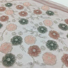 盘花婚纱礼服连衣裙时装面料珠管亮片绣满幅多色高端时尚布料lace