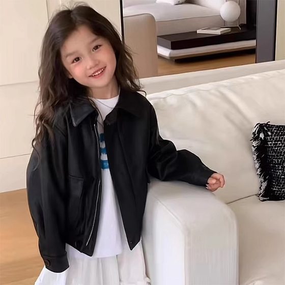 Spring and Autumn 2024 New Children's Leather Jacket Retro Motorcycle Short Jacket Handsome Korean Style Puleather Jacket for Boys and Girls