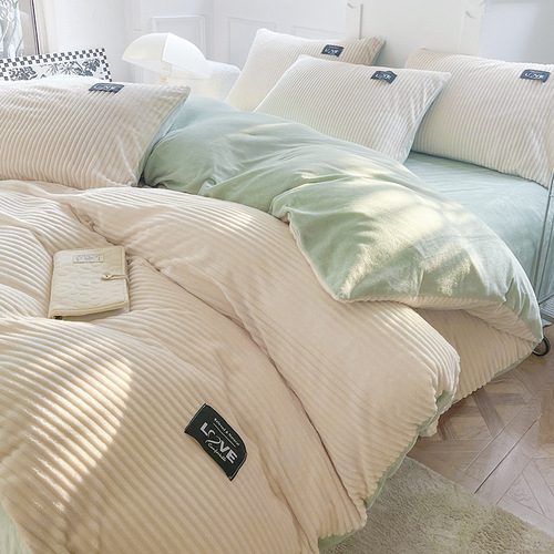Flannel Four-Piece Set Winter Milk Velvet Coral Velvet Double-Sided Quilted Comforter with Magic Crystal Velvet Bed Sheet Three-Piece Set