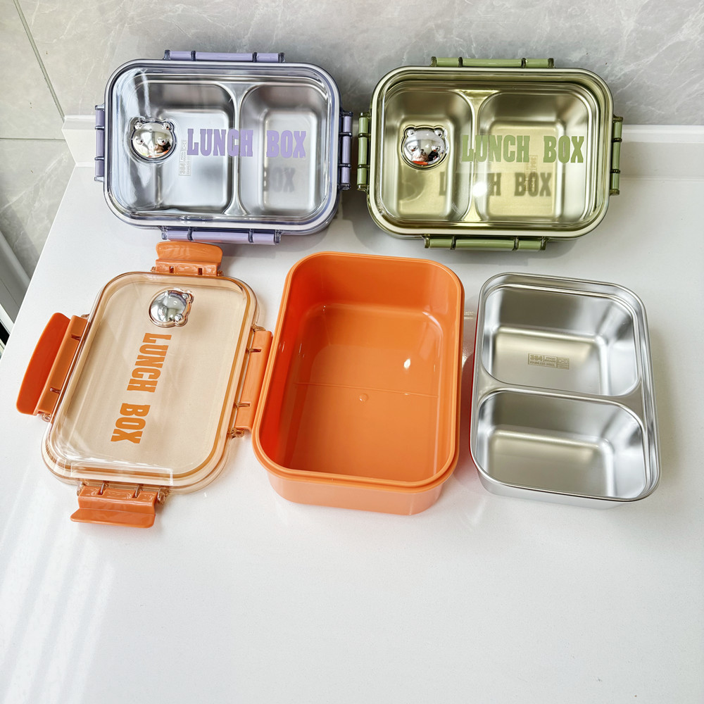 Leichte, luxuriöse Lunchbox aus Edelstahl 304 mit zwei Fächern, isolierte Lunchbox für Studenten und Büroangestellte in Lebensmittelqualität_voghion.com