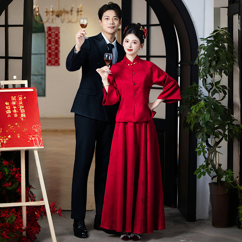 High-Quality Chinese-Style Hanfu Wedding Banquet Festive Stand-Collar Button Wedding Jacquard Top Modified Toast Suit Set