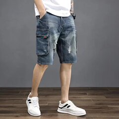 夏のカジュアルな多ポケットのゆったりしたデニムの半ズボンの男性のファッションのゆったりした工装のズボンのレトロなジーパンの5分のズボン