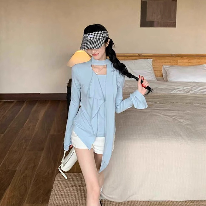 设计感荷叶边飘带长袖藏蓝色上衣女装秋季百搭打底衫修身内搭T恤|undefined