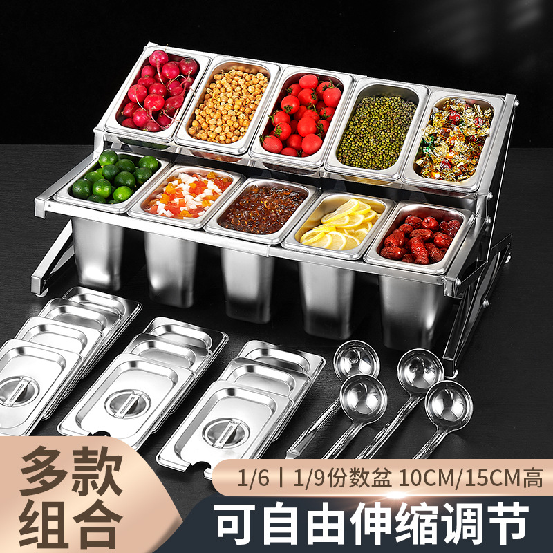Estante de acero inoxidable 1/9 con compartimentos para tiendas de té con leche, caja para mermeladas, estante para cajas de condimentos, bandeja para perlas, estante para cajas de salsas.