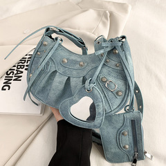 2023 New Underarm Bag for Women, European and American Retro Rivet Motorbike Bag with Pleated Half-Moon Mother and Child Single Shoulder Crossbody Bag for Women