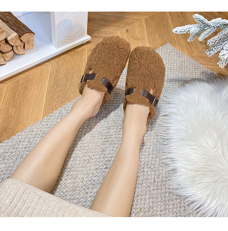 Dép nửa gót bít mũi lông xù kiểu Birkenstock cổ điển cho nữ, mũi tròn — Màu nâu, Màu trắng sữa, Màu đen chi tiết 20