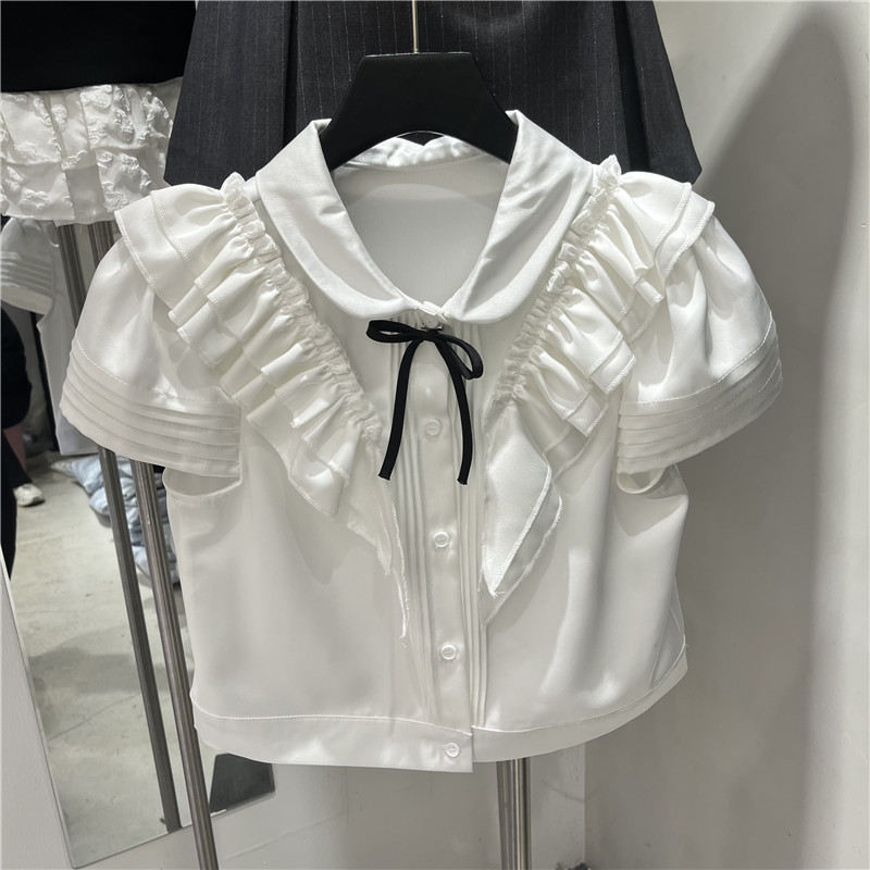 2025 New Summer Single-Breasted Bow Top for Women Sweet Pleated Fungus Lace Stitching Doll Collar Shirt