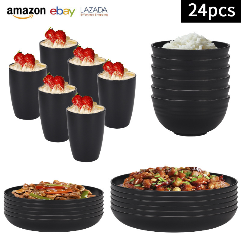 Wheat Straw Tableware Set Amazon Bowls, Plates, Cups for 6 People, Black Portable Tableware, Knife, Fork, Spoon for Home Use