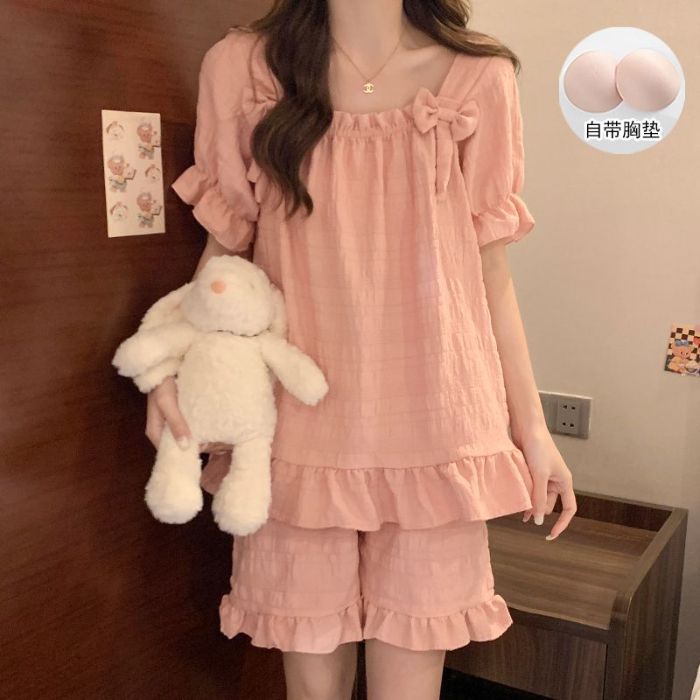 Venta al por mayor transfronteriza estilo caliente verano nuevo pijama mujer nube algodón lazo pantalones cortos de manga corta traje de servicio a domicilio dulce