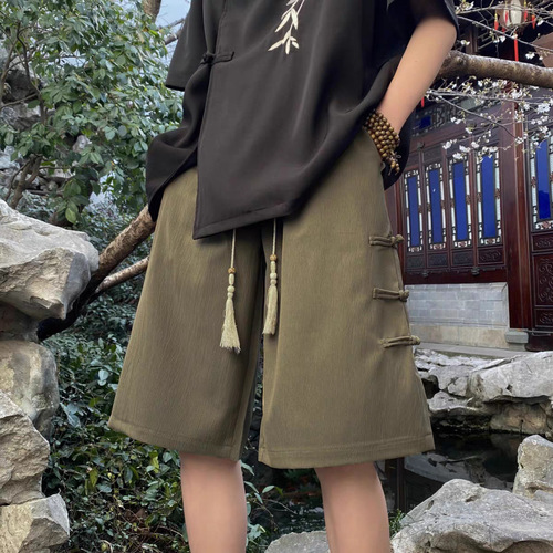 Men's Summer Thin Casual Short Pants with Traditional Chinese Knot Design, Trendy Loose-Fitting Outerwear, Five-Finger Pants for Plus Size