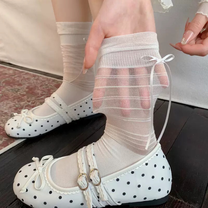 White Socks for Women, Summer Thin Style, Ballet-Style Bowknot Mid-Calf Socks, Korean Style Slouch Socks for Summer, Paired with Mary Jane Shoes White Socks for Women, Summer Thin Style, Ballet-Style Bowknot Mid-Calf Socks, Korean Style Slouch Socks for Summer, Paired with Mary Jane Shoes