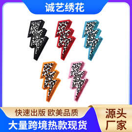跨境 temu热款现货豹纹闪电珠片熨烫刺绣布贴 背包帽子服装补丁