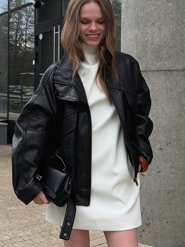 宽松休闲风设计感立领长袖纯色拉链夹克外套女2025跨境欧美风新款|undefined